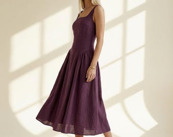 Linen Midi Dress, Corset Back Linen Dress, Square Neck Sleeveless Dress, Elegant Fit and Flare Dress, Romantic Resort Outfit