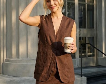 Minimalistisch linnen vest, beige mouwloze top, op maat gemaakte blouse met V-hals, elegante zomerlinnen top, neutrale kleding