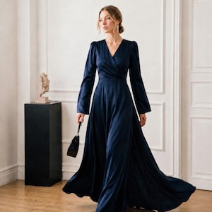 Silk Satin Wrap Maxi Dress, Long Sleeve V Neck A Line Gown, Wedding Guest, Bridesmaid and Formal Evening Dress