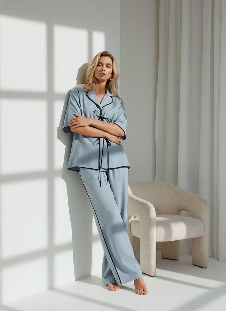 Linen Loungewear Set with Black Trim, Luxury Linen Pajama Set, Minimalist Homewear, Elegant Relaxed Fit Lounge Outfit image 2