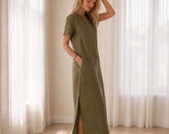 Casual Linen Midi Shirt Dress with Pockets, Short Sleeve Button Front Dress, Loose Natural Linen Summer Outfit