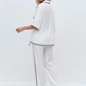 Linen Loungewear Set with Black Trim, Luxury Linen Pajama Set, Minimalist Homewear, Elegant Relaxed Fit Lounge Outfit image 4