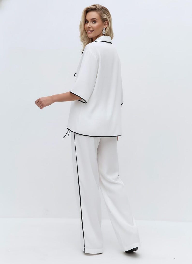 Linen Loungewear Set with Black Trim, Luxury Linen Pajama Set, Minimalist Homewear, Elegant Relaxed Fit Lounge Outfit image 4