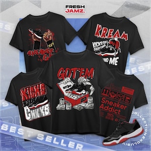 Camiseta unisex AJ 11 Low Bred, diseño gráfico en negro y rojo, ideal para combinar con zapatillas.