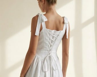 White Linen Tie Shoulder Dress, Square Neck Corset Back Dress, Romantic Bridal Shower Summer Vacation Outfit