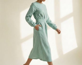 Natural Linen A Line Dress, Long Sleeve Midi Dress with Waist Band and Tie Back, Elegant Office Brunch Vacation Outfit
