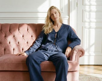 Linen Loungewear Set for Women, Tie Front Linen Top and Wide Leg Pants, Minimalist Homewear Clean Elegant Outfit