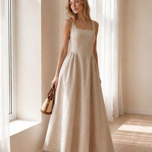 beige long dress women Beige Long Sleeve Silk Maxi Dress With V-neck for Proms and Weddings