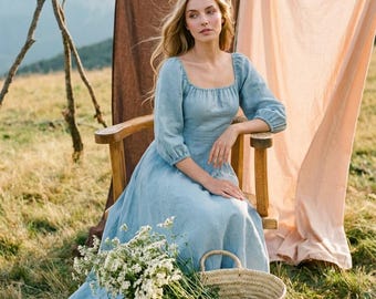 Linen Midi Dress, Square Neck Linen Dress, Long Sleeve Linen Dress, Lace Up Back Dress, Romantic Cottagecore Outfit, Resort Dress