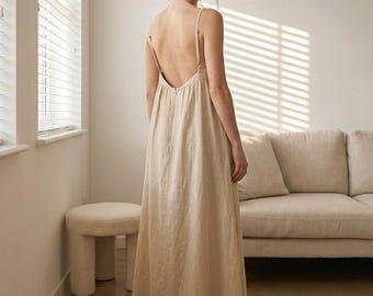 Natural Linen Maxi Dress, Spaghetti Strap Low Back Sundress, Beige Flowy Summer Dress for Vacation Beach Wedding
