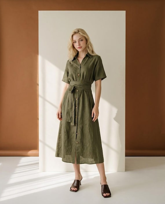Olive Green Linen Shirt Dress for Women, Button Front Midi Dress With Waist Tie, Summer Linen Dress