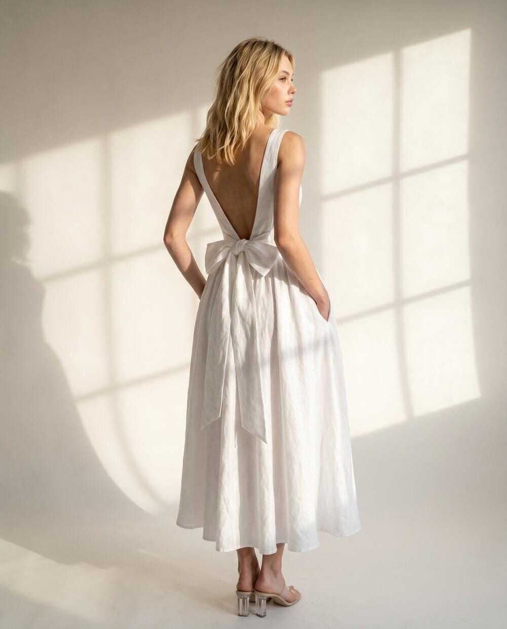 white crepe a line midi dress with bow straps Fabric:CHIFFON Functional side pockets provide Here’s what to wear Size:UK 6 | US 2 | XS