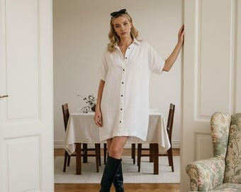 White Linen Shirt Dress for Women, Oversized Button Down Dress, Minimalist Linen Mini Dress, Relaxed Summer Dress