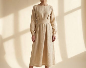 Natural Linen Midi Dress, Long Sleeve Boat Neck Dress with Pleated Waist, Minimalist Wedding Guest Brunch Outfit