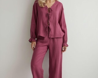 Linen Loungewear Set with Ruffle Hem, Tie Front Linen Top and Wide Leg Pants, Elegant Homewear, Minimal Luxury Sleepwear