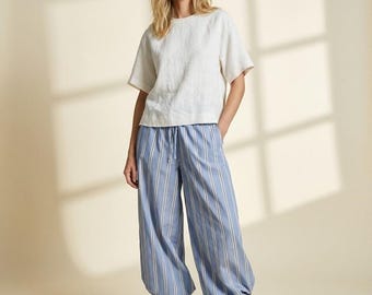 Top ampio in lino color ruggine, blusa minimalista a maniche corte, top estivo dalla vestibilità comoda per le vacanze e per tutti i giorni.