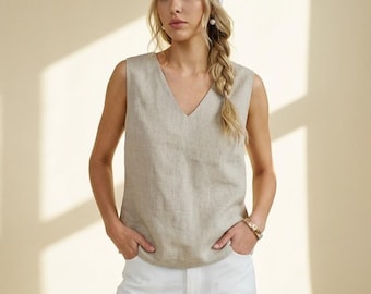 Sleeveless Linen Blouse, Women Linen Tank Top, V Back Button Top, Minimal Summer Clothing, Loose Fit Top