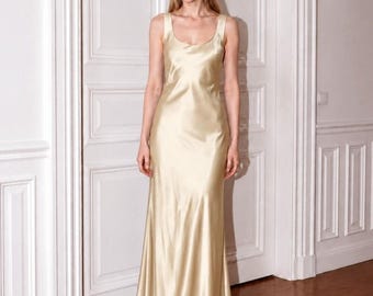 Scoop Neck Sleeveless Gown, Elegant Floor Length Slip Dress, Silk Maxi Dress, Minimalist Evening Dress, Wedding Guest Outfit