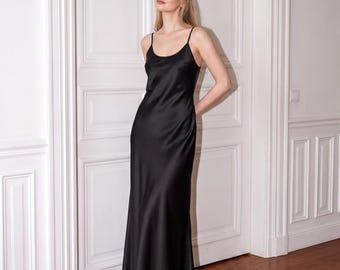 90s velvet slip dress Vintage Black Dress: Silk Chiffon Lace Midi 1960