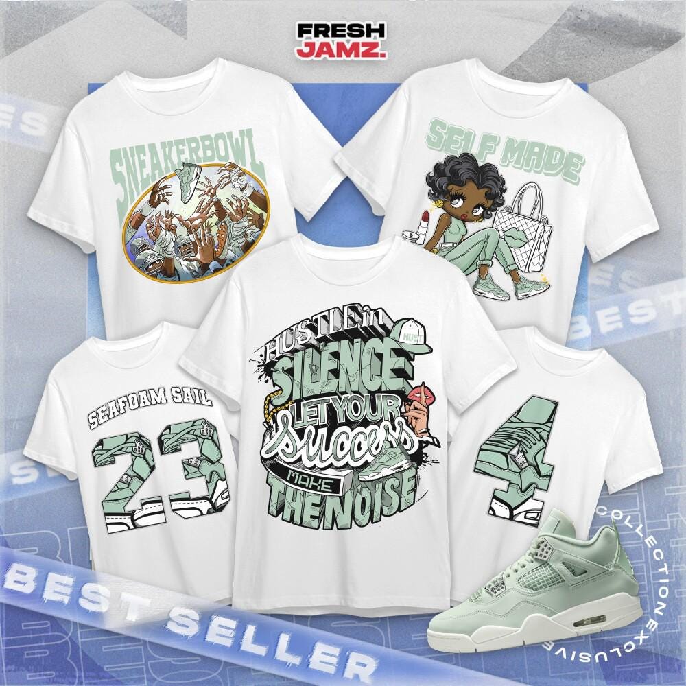 Aj 4 Seafoam Sail Collection, White Green Graphic Tee, Unisex T-Shirt Match Sneaker