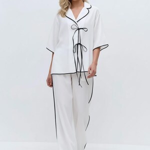 Linen Loungewear Set with Black Trim, Luxury Linen Pajama Set, Minimalist Homewear, Elegant Relaxed Fit Lounge Outfit image 3