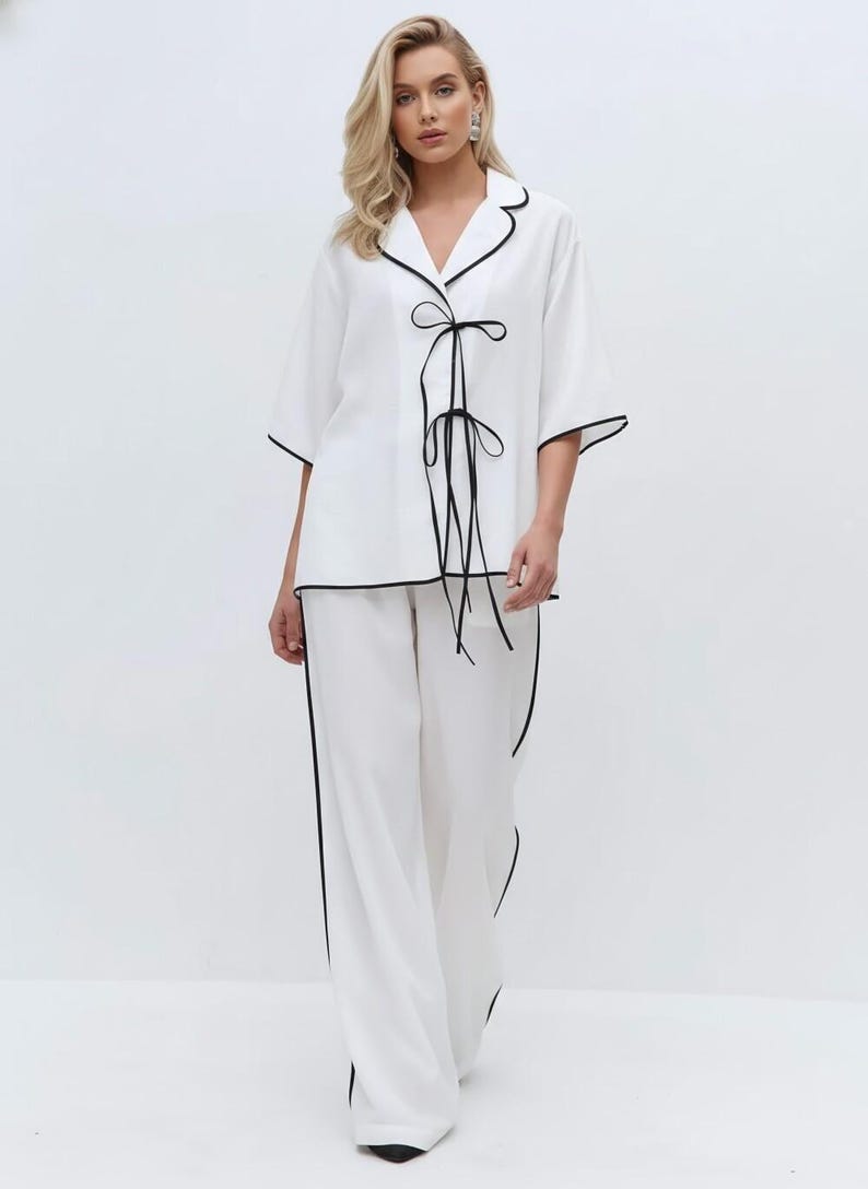 Linen Loungewear Set with Black Trim, Luxury Linen Pajama Set, Minimalist Homewear, Elegant Relaxed Fit Lounge Outfit image 3