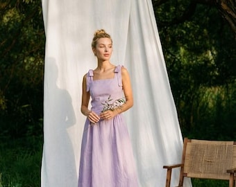 Linen Sundress with Tie Straps, Square Neck Open Back Dress, Beach Wedding Bridal Shower Brunch Outfit