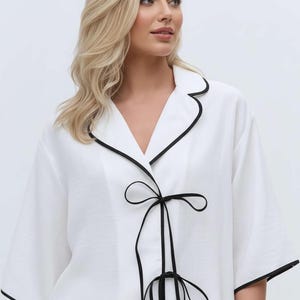 Linen Loungewear Set with Black Trim, Luxury Linen Pajama Set, Minimalist Homewear, Elegant Relaxed Fit Lounge Outfit image 5