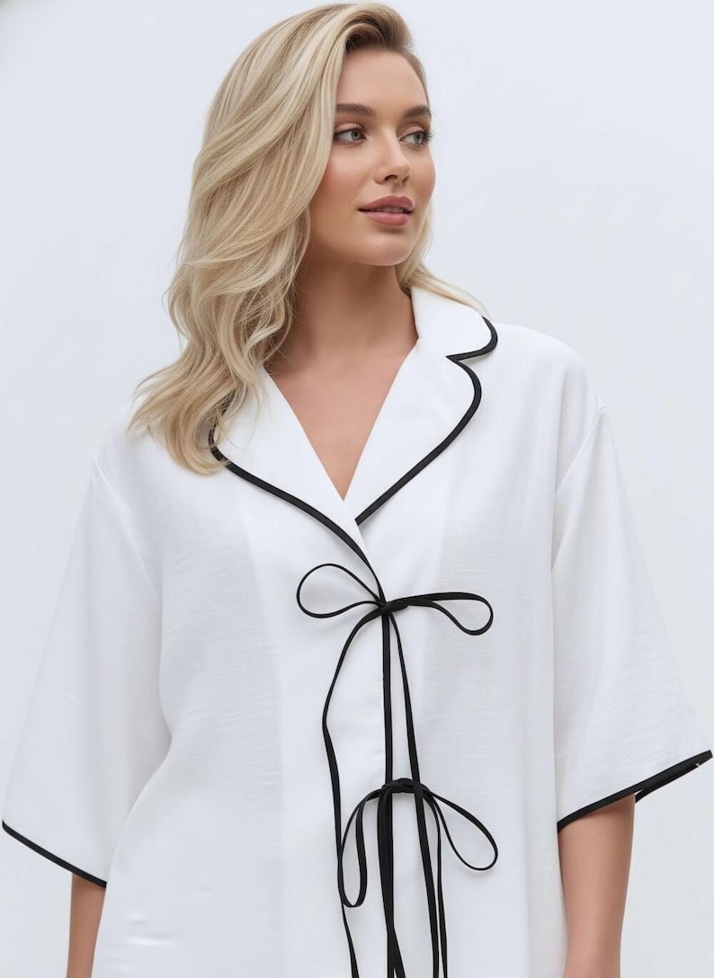 Linen Loungewear Set with Black Trim, Luxury Linen Pajama Set, Minimalist Homewear, Elegant Relaxed Fit Lounge Outfit image 5