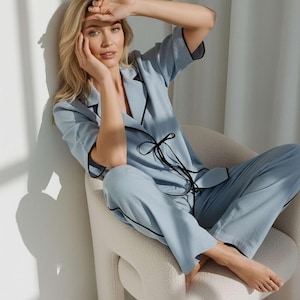 Linen Loungewear Set with Black Trim, Luxury Linen Pajama Set, Minimalist Homewear, Elegant Relaxed Fit Lounge Outfit image 1