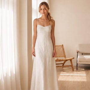 Linen Slip Maxi Dress, Spaghetti Strap Fitted Dress, Minimal Summer Bridal Dress for Beach Wedding Vacation image 3