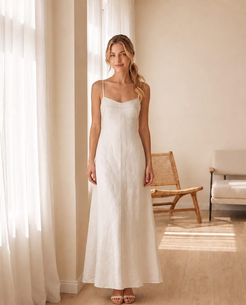 Linen Slip Maxi Dress, Spaghetti Strap Fitted Dress, Minimal Summer Bridal Dress for Beach Wedding Vacation image 3