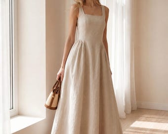 Vestido longo de linho com decote quadrado, vestido evasê bege natural, vestido de linho sem mangas para o verão, vestido minimalista para chá de panela