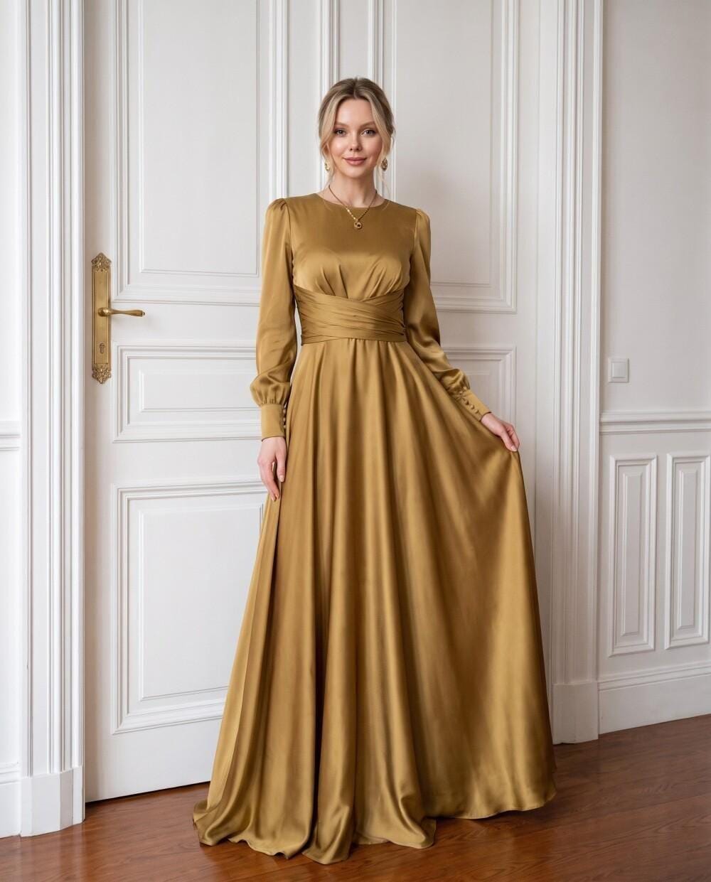 Gold Formal Long Sleeve Dress
