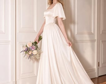 Romantic Flutter Sleeve Bridal Gown, Minimalist Silk Wedding Dress,Square Neck Lace Up Back, Flowy A Line Maxi Dress