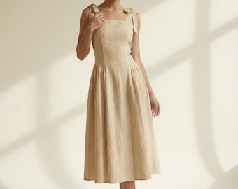 Linen Lace Up Back Dress, Bow Strap Square Neck Dress, Elegant Rehearsal Dinner Engagement Photo Outfit