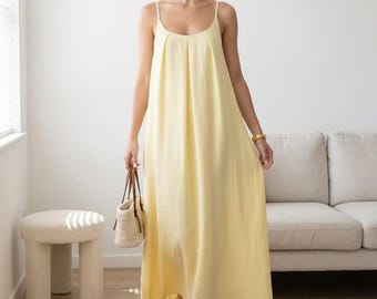 Casual Linen Maxi Dress with Spaghetti Straps, Scoop Neck and Back Tie Waist for Summer Vacation