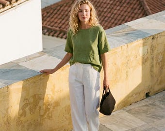 Linen Blouse, Relaxed Short Sleeve Top, Minimalist Summer Shirt for Travel Casual Outfit