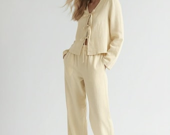 Yellow Linen Two Piece Set, Tie Front Linen Top and Wide Leg Pants, Relaxed Summer Linen Outfit