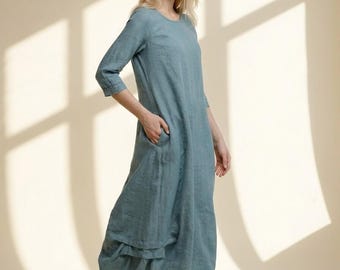Natural Linen Dress, Relaxed Maxi Dress with Pockets, Layered Hem Linen Dress, Minimal Summer Clothing