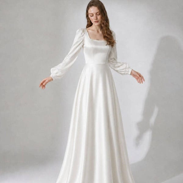 Romantisches Seiden-Maxikleid mit eckigem Ausschnitt, langen Puffärmeln und weitem, fließendem Rock für Brautjungfern oder festliche Anlässe