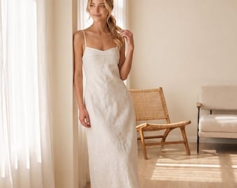 Linen Spaghetti Strap Maxi Dress, Minimal Fitted Slip Dress for Bridal Shower Beach Vacation Wedding