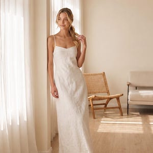 Linen Slip Maxi Dress, Spaghetti Strap Fitted Dress, Minimal Summer Bridal Dress for Beach Wedding Vacation image 5