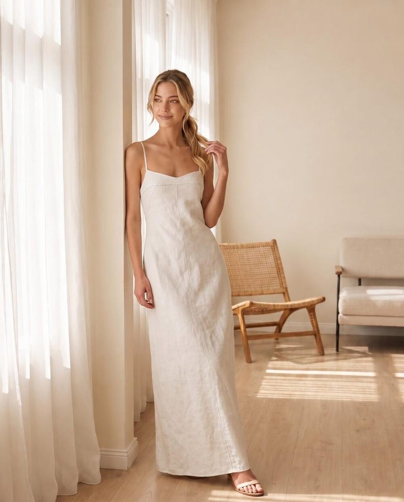 Linen Slip Maxi Dress, Spaghetti Strap Fitted Dress, Minimal Summer Bridal Dress for Beach Wedding Vacation image 5