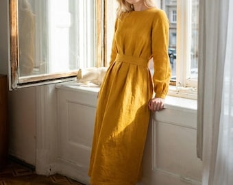 Linen Long Sleeve Dress, Boat Neck Midi Dress with Defined Waist, Modest Fall Wedding Guest Outfit