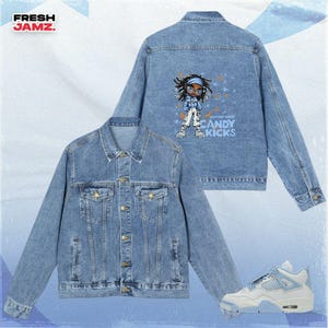 AJ 4 Forget Me Not Candy Kicks Halloween, Denim Jacket Unisex Match Sneaker, Streetwear Personalized