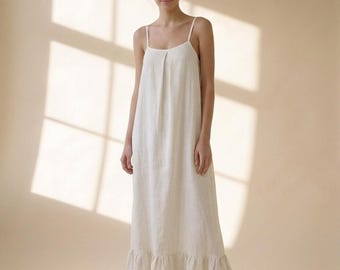 Linen Maxi Dress, Spaghetti Strap Slip Dress, Loose Fit Linen Sundress, Ruffle Hem Dress, Minimalist Summer Resort Outfit