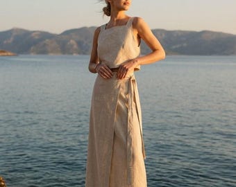 Linen Maxi Skirt, Tie Waist Wrap Skirt, Asymmetrical Summer Skirt, Minimalist Linen Skirt