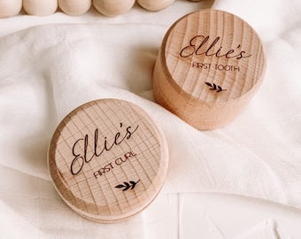 Caja de madera personalizada grabada para "mi primer rizo" y "mi primer diente" / Recuerdo de bebé / Regalo para baby shower / Caja de bebé personalizada grabada con láser