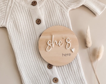 Gender announcement / he’s here she’s here plaque / Newborn announcement sign / wooden birth sign / baby announcement / double sided plaque